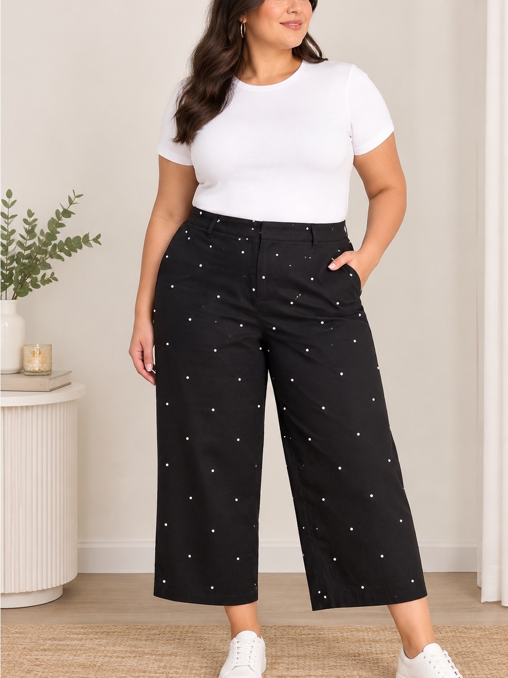 Plus Size Black Wide-Leg Polka Dot Pants